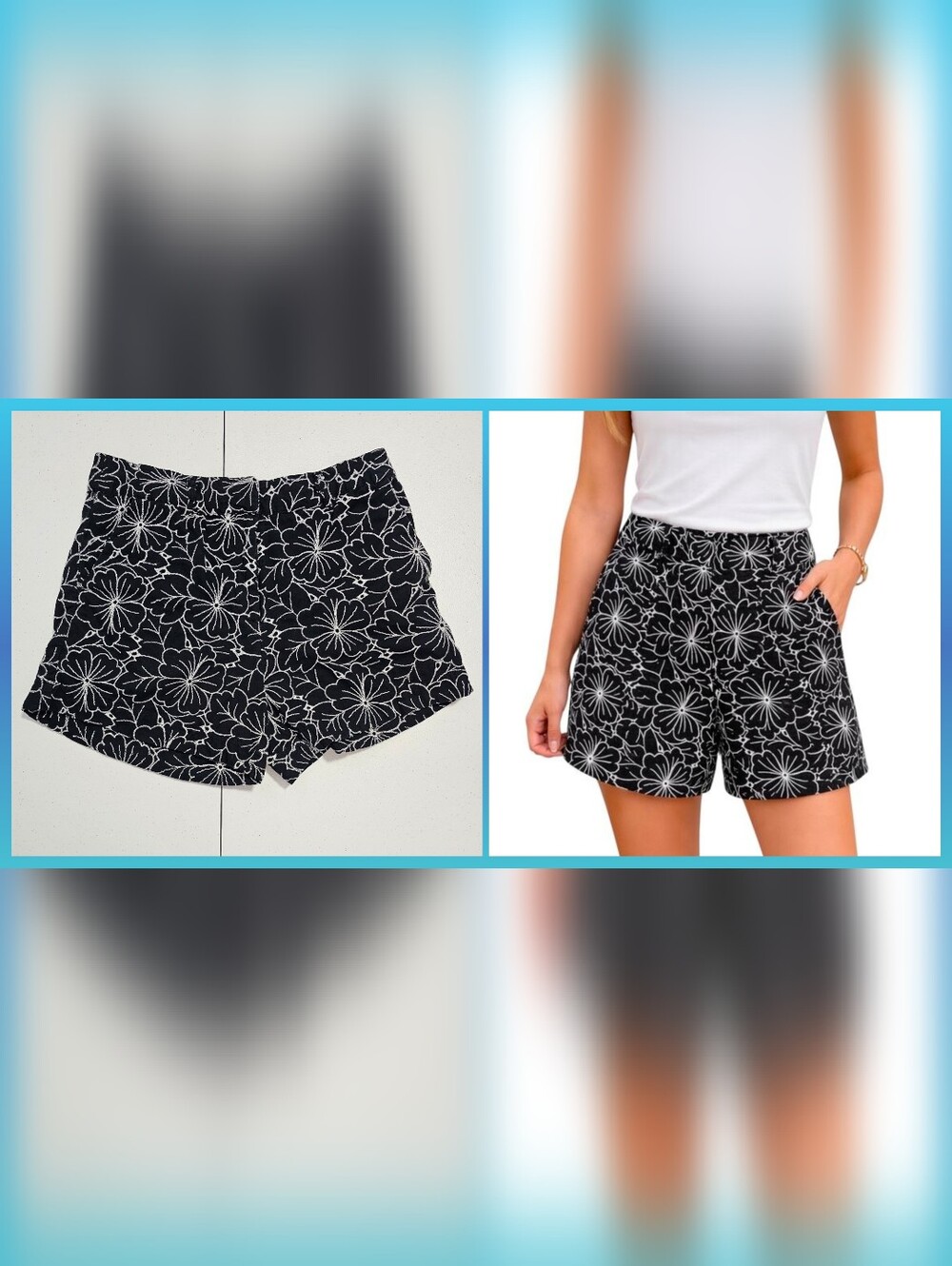 T Tahari Black White Embroidered Floral Print Women's High Waist Shorts